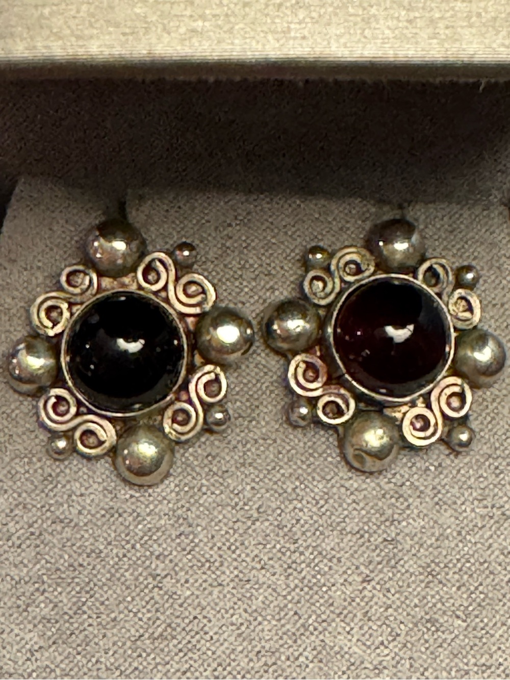 Vintage Mexican Alpaca Silver Scarlet Glass Screw Back Earrings